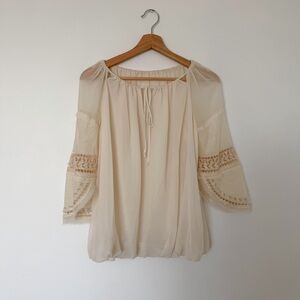 Vintage Cream Peasant Blouse with Beaded Embroidered Sleeve Detail
